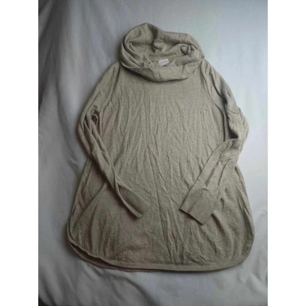 Chicos Oatmeal Beige Cowl Neck Tunic Sweater Long Sleeve Size 1 Heathered Womens
